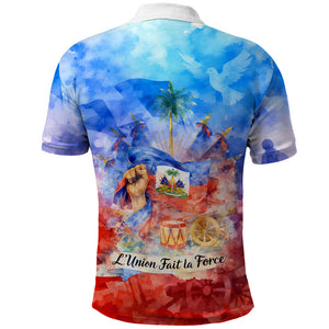 Proud Haitian Flag Day L Union Fait La Force Polo Shirt Artistic Watercolor Heritage Design With Raised Fist And Flag