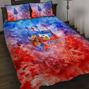 Proud Haitian Flag Day L Union Fait La Force Quilt Bed Set Artistic Watercolor Heritage Design With Raised Fist And Flag