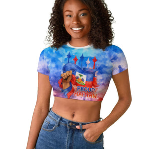 Proud Haitian Flag Day L Union Fait La Force Raglan Cropped T shirt Artistic Watercolor Heritage Design With Raised Fist And Flag