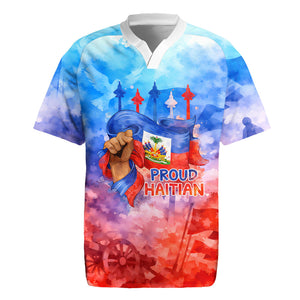 Proud Haitian Flag Day L Union Fait La Force Rugby Jersey Artistic Watercolor Heritage Design With Raised Fist And Flag