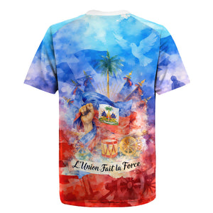 Proud Haitian Flag Day L Union Fait La Force Rugby Jersey Artistic Watercolor Heritage Design With Raised Fist And Flag