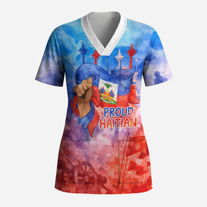 Proud Haitian Flag Day L Union Fait La Force Scrub Top Artistic Watercolor Heritage Design With Raised Fist And Flag