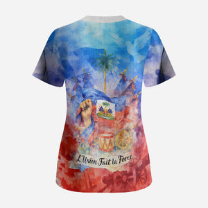 Proud Haitian Flag Day L Union Fait La Force Scrub Top Artistic Watercolor Heritage Design With Raised Fist And Flag