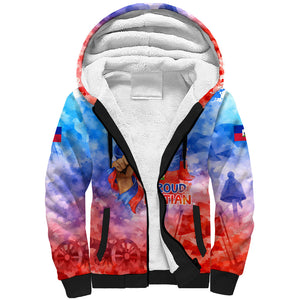 Proud Haitian Flag Day L Union Fait La Force Sherpa Hoodie Artistic Watercolor Heritage Design With Raised Fist And Flag
