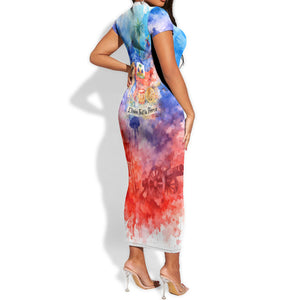 Proud Haitian Flag Day L Union Fait La Force Short Sleeve Bodycon Dress Artistic Watercolor Heritage Design With Raised Fist And Flag