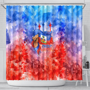 Proud Haitian Flag Day L Union Fait La Force Shower Curtain Artistic Watercolor Heritage Design With Raised Fist And Flag