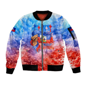 Proud Haitian Flag Day L Union Fait La Force Sleeve Zip Bomber Jacket Artistic Watercolor Heritage Design With Raised Fist And Flag