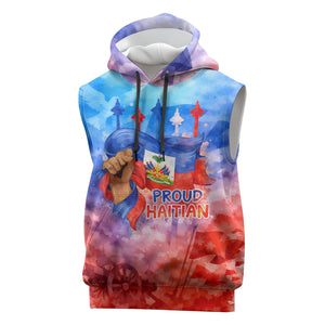 Proud Haitian Flag Day L Union Fait La Force Sleeveless Hoodie Artistic Watercolor Heritage Design With Raised Fist And Flag