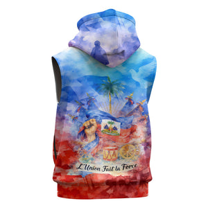 Proud Haitian Flag Day L Union Fait La Force Sleeveless Hoodie Artistic Watercolor Heritage Design With Raised Fist And Flag