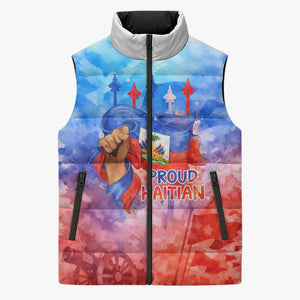 Proud Haitian Flag Day L Union Fait La Force Sleeveless Puffer Jacket Artistic Watercolor Heritage Design With Raised Fist And Flag