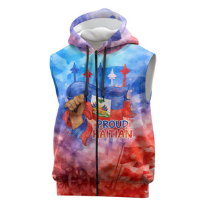 Proud Haitian Flag Day L Union Fait La Force Sleeveless Zip Hoodie Artistic Watercolor Heritage Design With Raised Fist And Flag