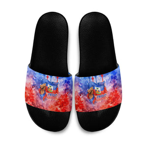 Proud Haitian Flag Day L Union Fait La Force Slide Sandals Artistic Watercolor Heritage Design With Raised Fist And Flag