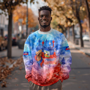 Proud Haitian Flag Day L Union Fait La Force Sweatshirt Artistic Watercolor Heritage Design With Raised Fist And Flag