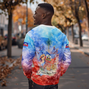 Proud Haitian Flag Day L Union Fait La Force Sweatshirt Artistic Watercolor Heritage Design With Raised Fist And Flag