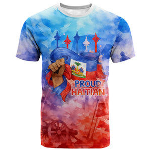 Proud Haitian Flag Day L Union Fait La Force T shirt Artistic Watercolor Heritage Design With Raised Fist And Flag