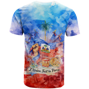 Proud Haitian Flag Day L Union Fait La Force T shirt Artistic Watercolor Heritage Design With Raised Fist And Flag