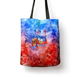 Proud Haitian Flag Day L Union Fait La Force Tote Bag Artistic Watercolor Heritage Design With Raised Fist And Flag