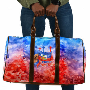 Proud Haitian Flag Day L Union Fait La Force Travel Bag Artistic Watercolor Heritage Design With Raised Fist And Flag