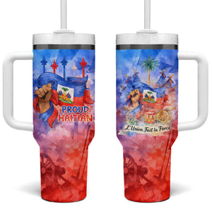Proud Haitian Flag Day L Union Fait La Force Tumbler With Handle Artistic Watercolor Heritage Design With Raised Fist And Flag