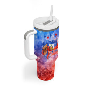 Proud Haitian Flag Day L Union Fait La Force Tumbler With Handle Artistic Watercolor Heritage Design With Raised Fist And Flag