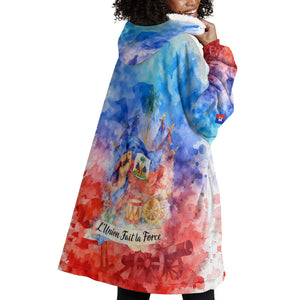 Proud Haitian Flag Day L Union Fait La Force Wearable Blanket Hoodie Artistic Watercolor Heritage Design With Raised Fist And Flag