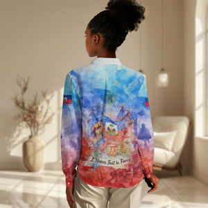 Proud Haitian Flag Day L Union Fait La Force Women Casual Shirt Artistic Watercolor Heritage Design With Raised Fist And Flag