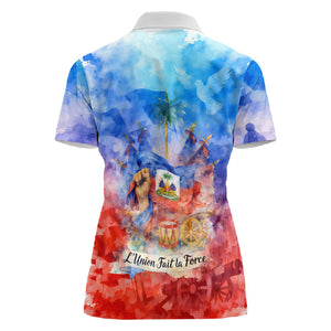 Proud Haitian Flag Day L Union Fait La Force Women Polo Shirt Artistic Watercolor Heritage Design With Raised Fist And Flag