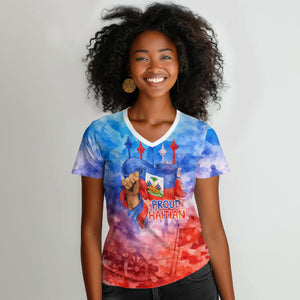 Proud Haitian Flag Day L Union Fait La Force Women V-Neck T-Shirt Artistic Watercolor Heritage Design With Raised Fist And Flag