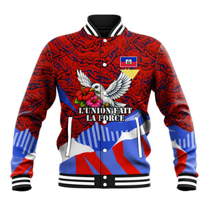 Haiti Flag Day Soul Of The Free L Union Fait La Force Baseball Jacket Peace Dove And Power Fist Art With Hibiscus And Broken Chains