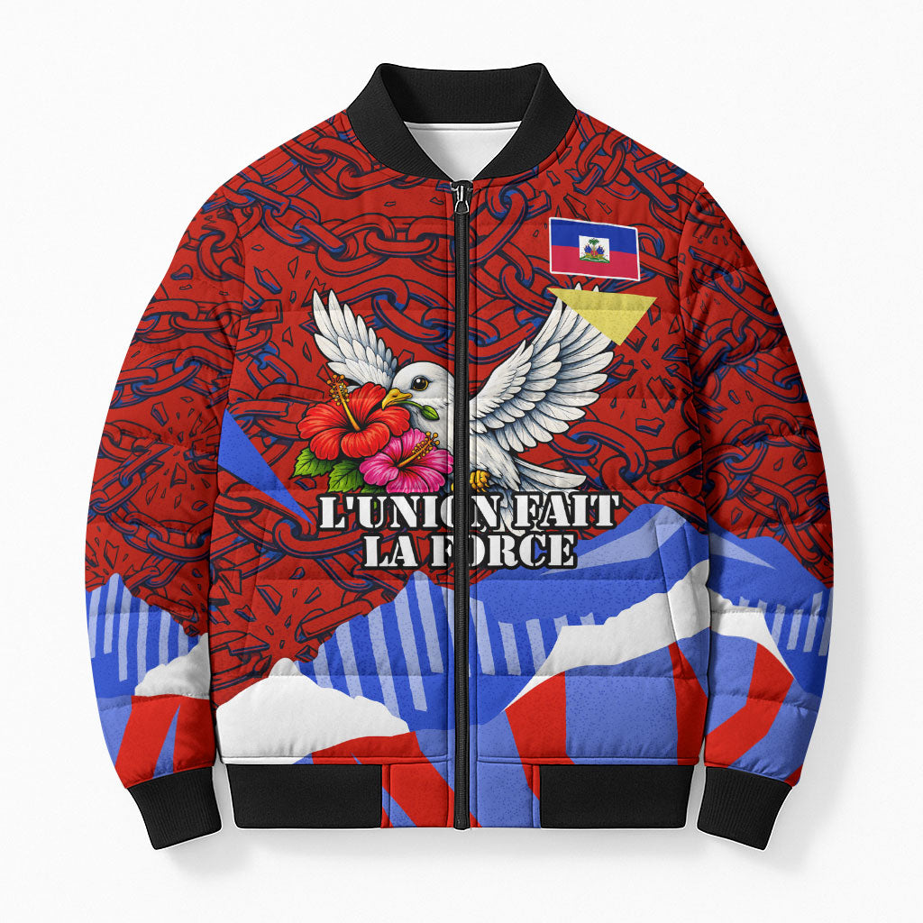 Haiti Flag Day Soul Of The Free L Union Fait La Force Bomber Puffer Jacket Peace Dove And Power Fist Art With Hibiscus And Broken Chains