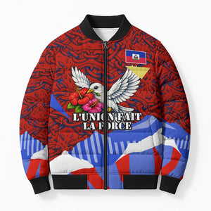 Haiti Flag Day Soul Of The Free L Union Fait La Force Bomber Puffer Jacket Peace Dove And Power Fist Art With Hibiscus And Broken Chains