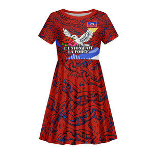 Haiti Flag Day Soul Of The Free L Union Fait La Force Kid Short Sleeve Dress Peace Dove And Power Fist Art With Hibiscus And Broken Chains