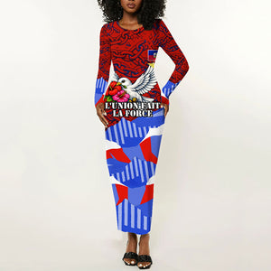 Haiti Flag Day Soul Of The Free L Union Fait La Force Long Sleeve Bodycon Dress Peace Dove And Power Fist Art With Hibiscus And Broken Chains
