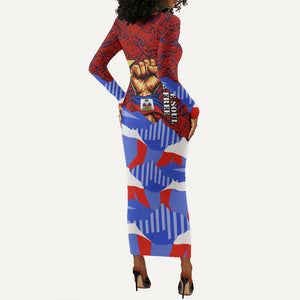 Haiti Flag Day Soul Of The Free L Union Fait La Force Long Sleeve Bodycon Dress Peace Dove And Power Fist Art With Hibiscus And Broken Chains