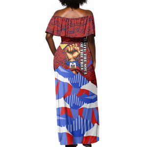 Haiti Flag Day Soul Of The Free L Union Fait La Force Off Shoulder Maxi Dress Peace Dove And Power Fist Art With Hibiscus And Broken Chains