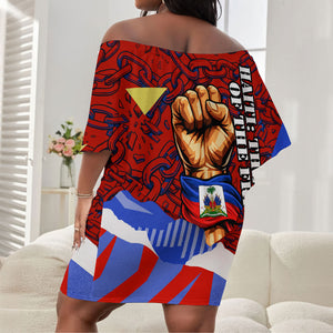 Haiti Flag Day Soul Of The Free L Union Fait La Force Off Shoulder Short Dress Peace Dove And Power Fist Art With Hibiscus And Broken Chains