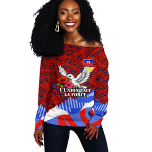 Haiti Flag Day Soul Of The Free L Union Fait La Force Off Shoulder Sweater Peace Dove And Power Fist Art With Hibiscus And Broken Chains