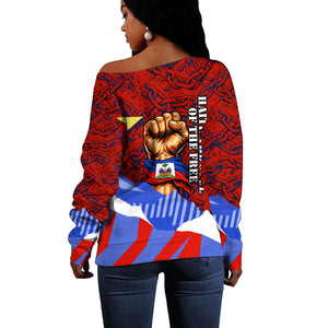 Haiti Flag Day Soul Of The Free L Union Fait La Force Off Shoulder Sweater Peace Dove And Power Fist Art With Hibiscus And Broken Chains