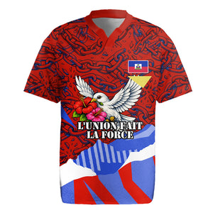 Haiti Flag Day Soul Of The Free L Union Fait La Force Rugby Jersey Peace Dove And Power Fist Art With Hibiscus And Broken Chains
