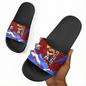 Haiti Flag Day Soul Of The Free L Union Fait La Force Slide Sandals Peace Dove And Power Fist Art With Hibiscus And Broken Chains