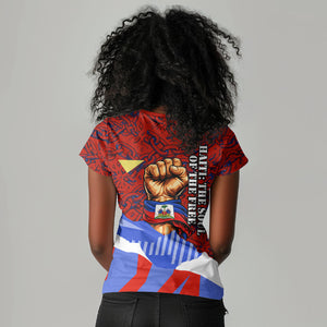 Haiti Flag Day Soul Of The Free L Union Fait La Force Women V-Neck T-Shirt Peace Dove And Power Fist Art With Hibiscus And Broken Chains