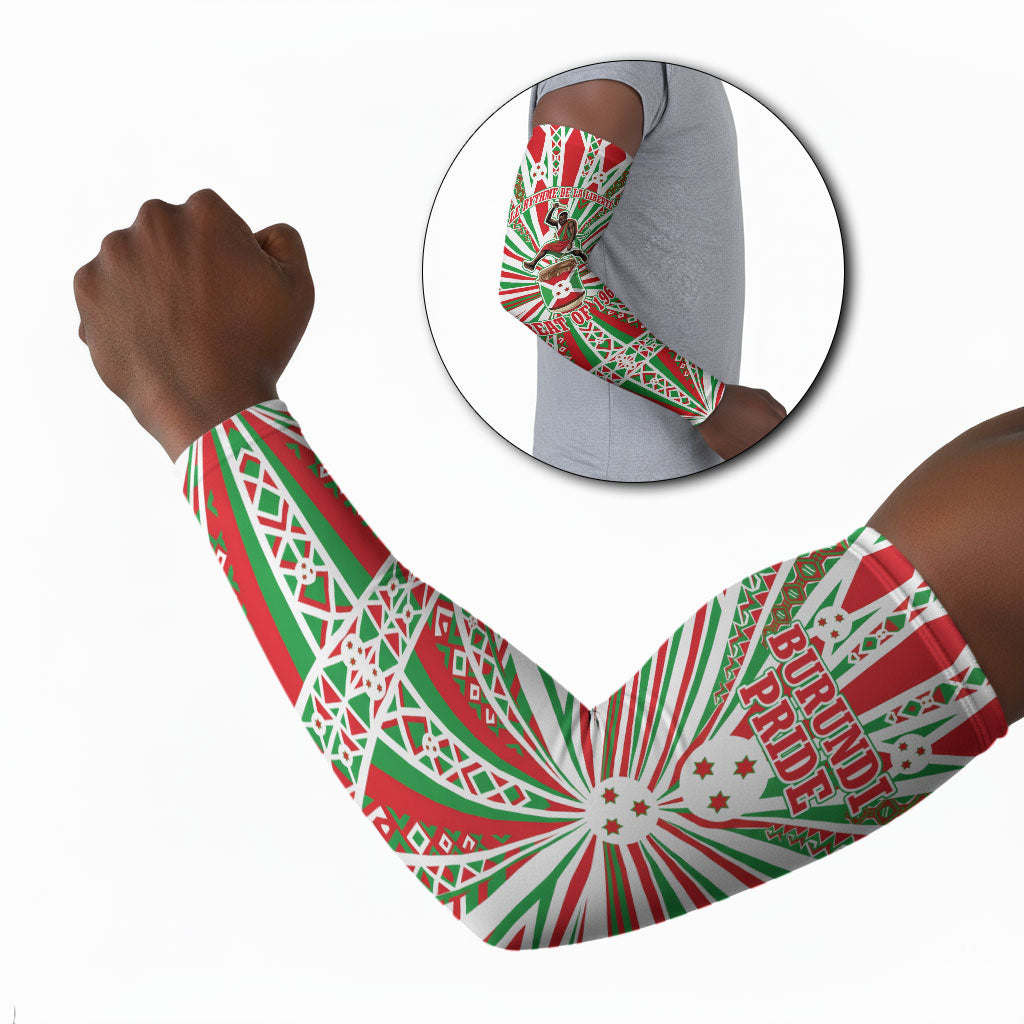 Burundi Pride Beat Of 1962 Independence Day Arm Sleeves Traditional Karyenda Drummer Art With Flag Sunburst Design