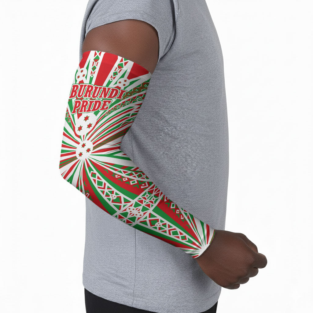 Burundi Pride Beat Of 1962 Independence Day Arm Sleeves Traditional Karyenda Drummer Art With Flag Sunburst Design