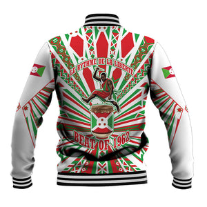 Burundi Pride Beat Of 1962 Independence Day Baseball Jacket Traditional Karyenda Drummer Art With Flag Sunburst Design