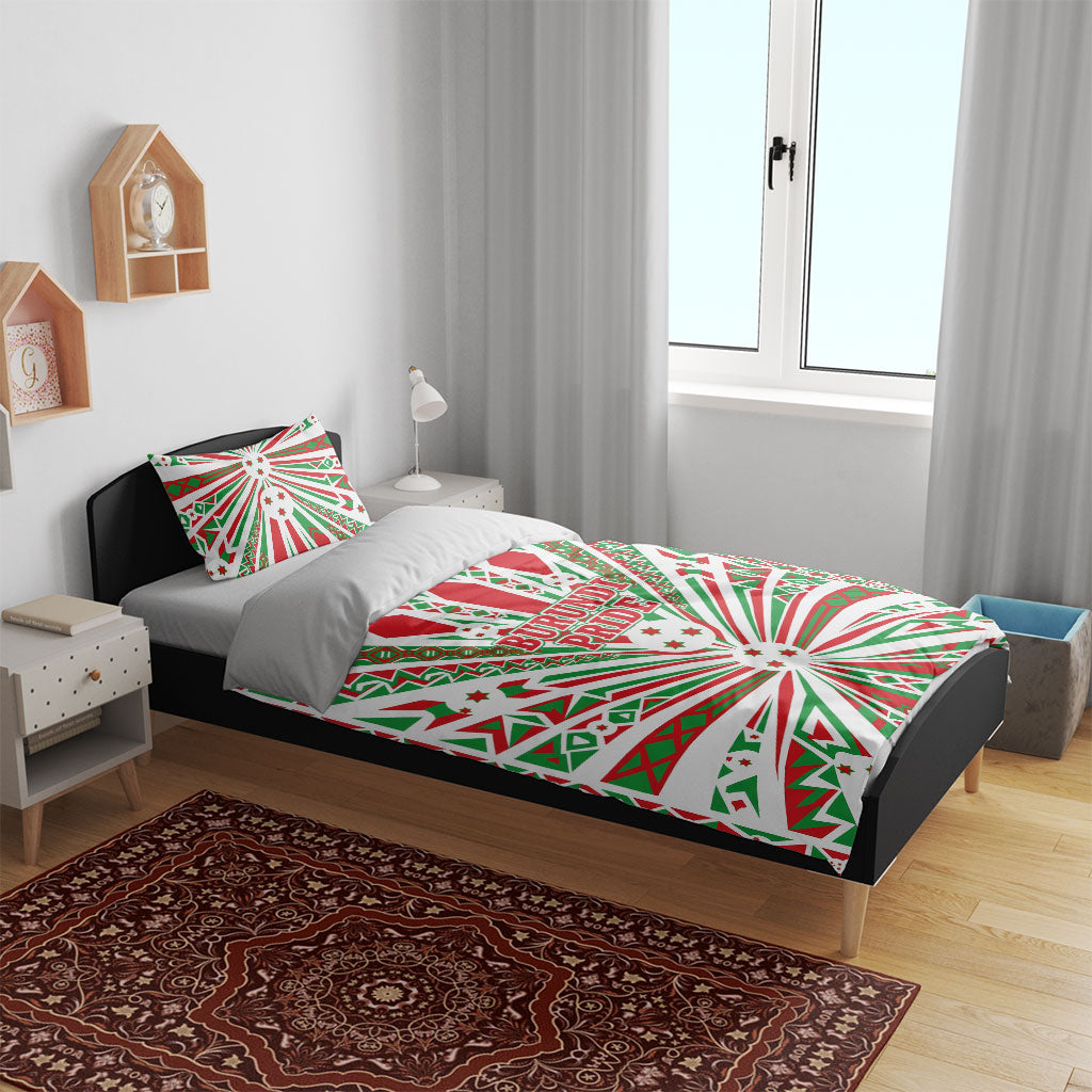 Burundi Pride Beat Of 1962 Independence Day Bedding Set Traditional Karyenda Drummer Art With Flag Sunburst Design