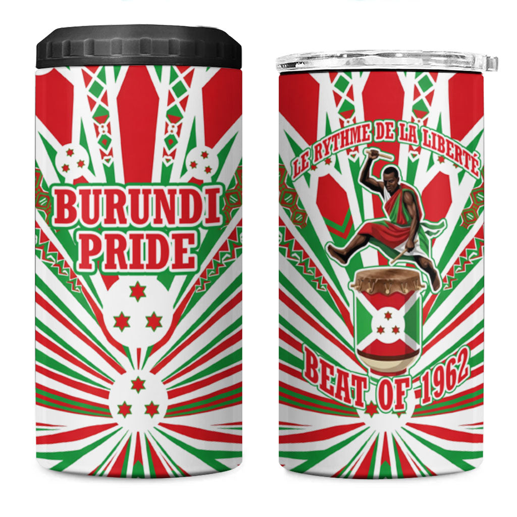Burundi Pride Beat Of 1962 Independence Day 4 in 1 Can Cooler Tumbler Traditional Karyenda Drummer Art With Flag Sunburst Design