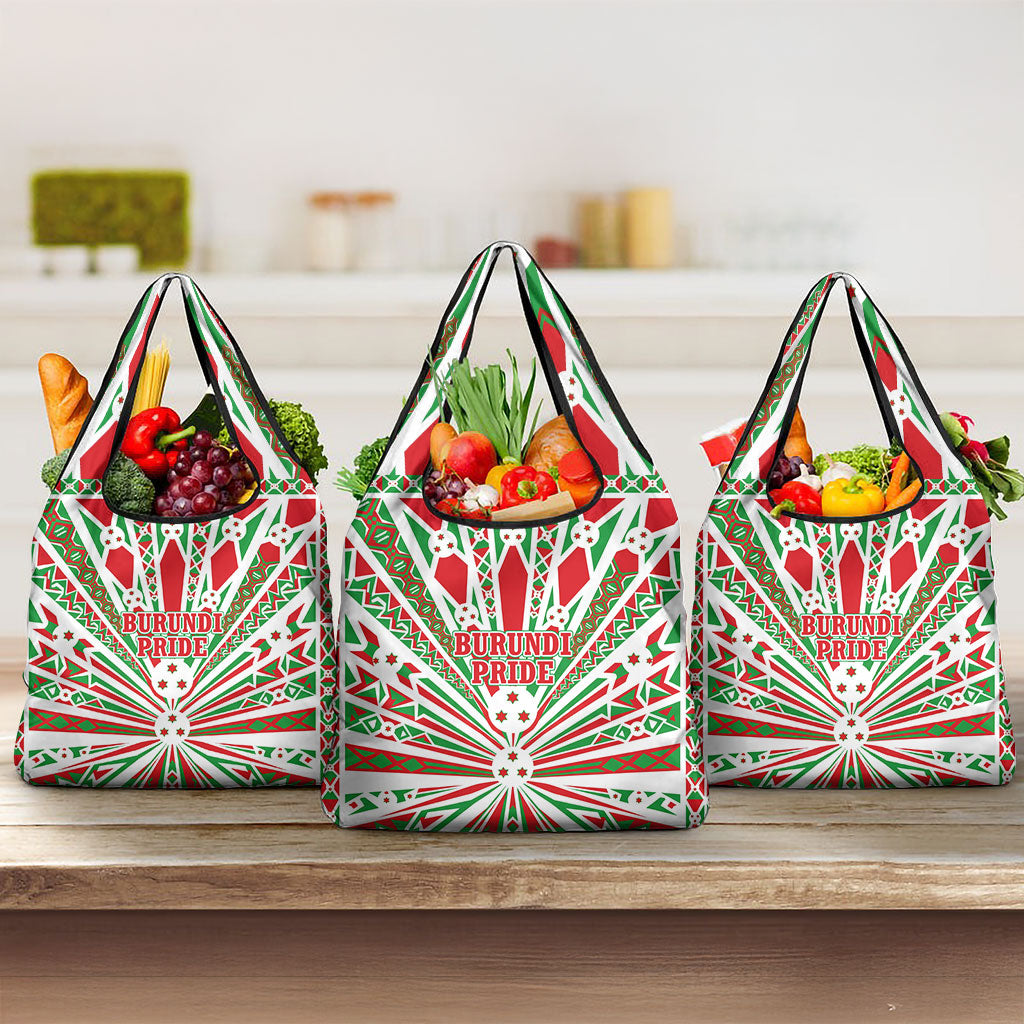 Burundi Pride Beat Of 1962 Independence Day Grocery Bag Traditional Karyenda Drummer Art With Flag Sunburst Design