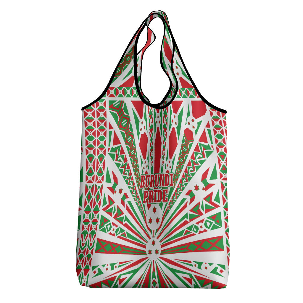 Burundi Pride Beat Of 1962 Independence Day Grocery Bag Traditional Karyenda Drummer Art With Flag Sunburst Design