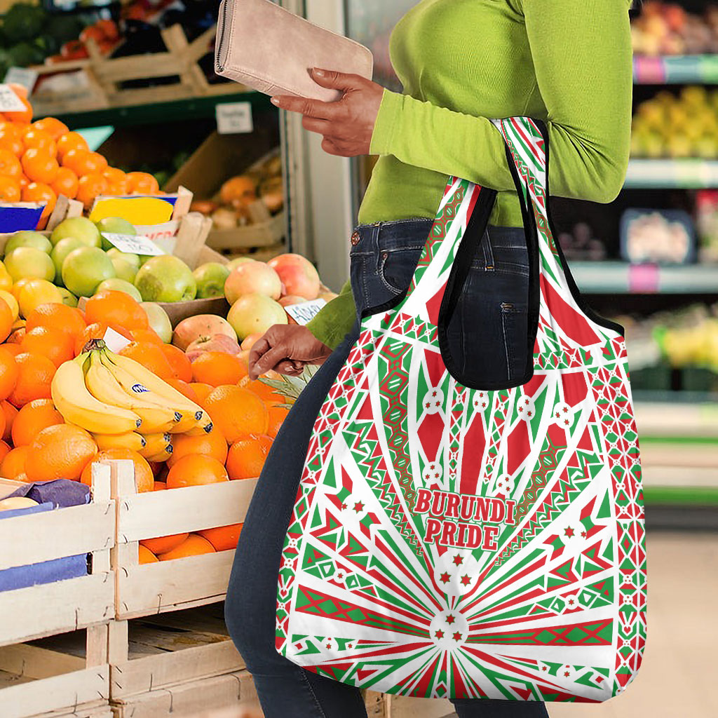 Burundi Pride Beat Of 1962 Independence Day Grocery Bag Traditional Karyenda Drummer Art With Flag Sunburst Design