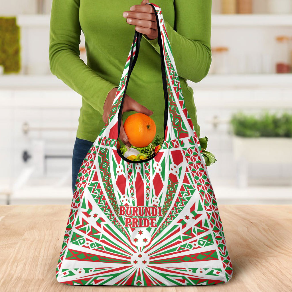 Burundi Pride Beat Of 1962 Independence Day Grocery Bag Traditional Karyenda Drummer Art With Flag Sunburst Design